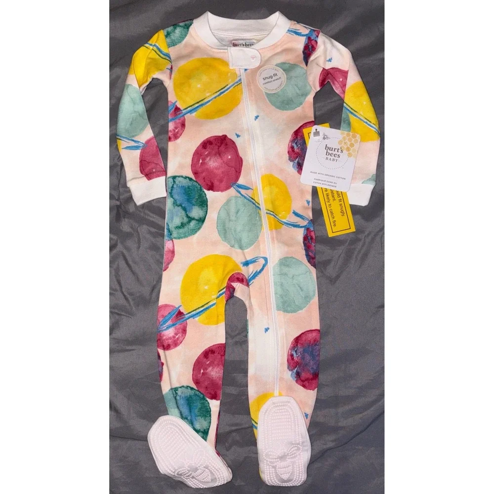 NEW Burt's Bees Baby Girl Outerspae Organic Cotton Snug Fit Footed Sleeper, 12mo
